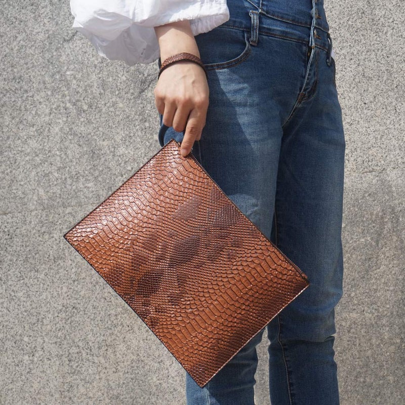 NIGEDU Women Clutches Fashion Snakeskin PU Leather Party Envelope Purse Bag with Hand Strap (Brown) - Image 3